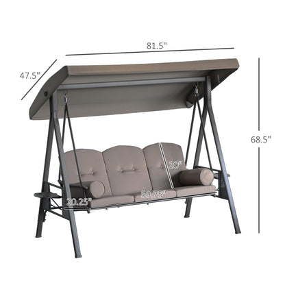 3-Seat Patio Swing Chair with Adjustable Canopy, Removable Cushion & Side Trays, Brown - 84A-068BN