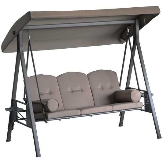 3-Seat Patio Swing Chair with Adjustable Canopy, Removable Cushion & Side Trays, Brown - 84A-068BN