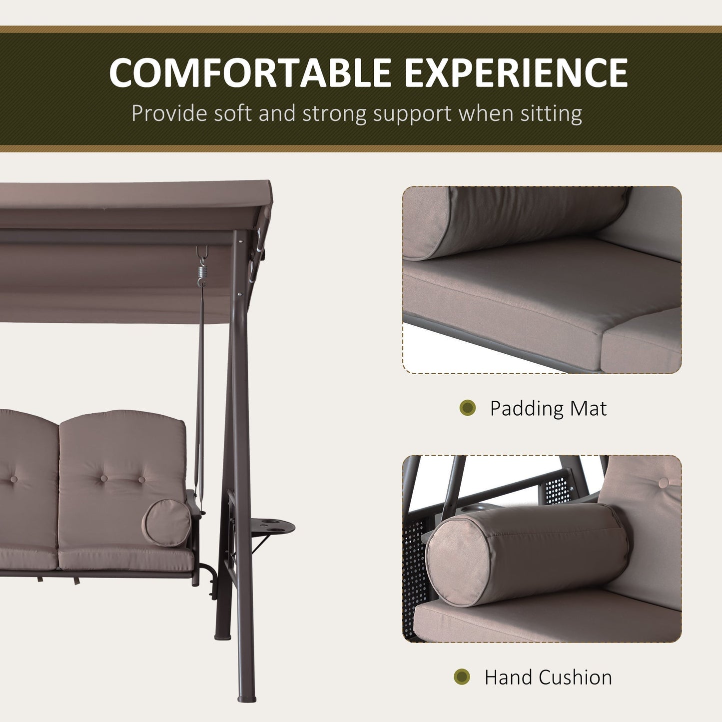 3-Seat Patio Swing Chair with Adjustable Canopy, Removable Cushion & Side Trays, Brown - 84A-068BN