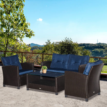 Outsunny 4-Piece PE Rattan Patio Set with Cushions & Two-Tier Coffee Table, Blue - 860-117BU