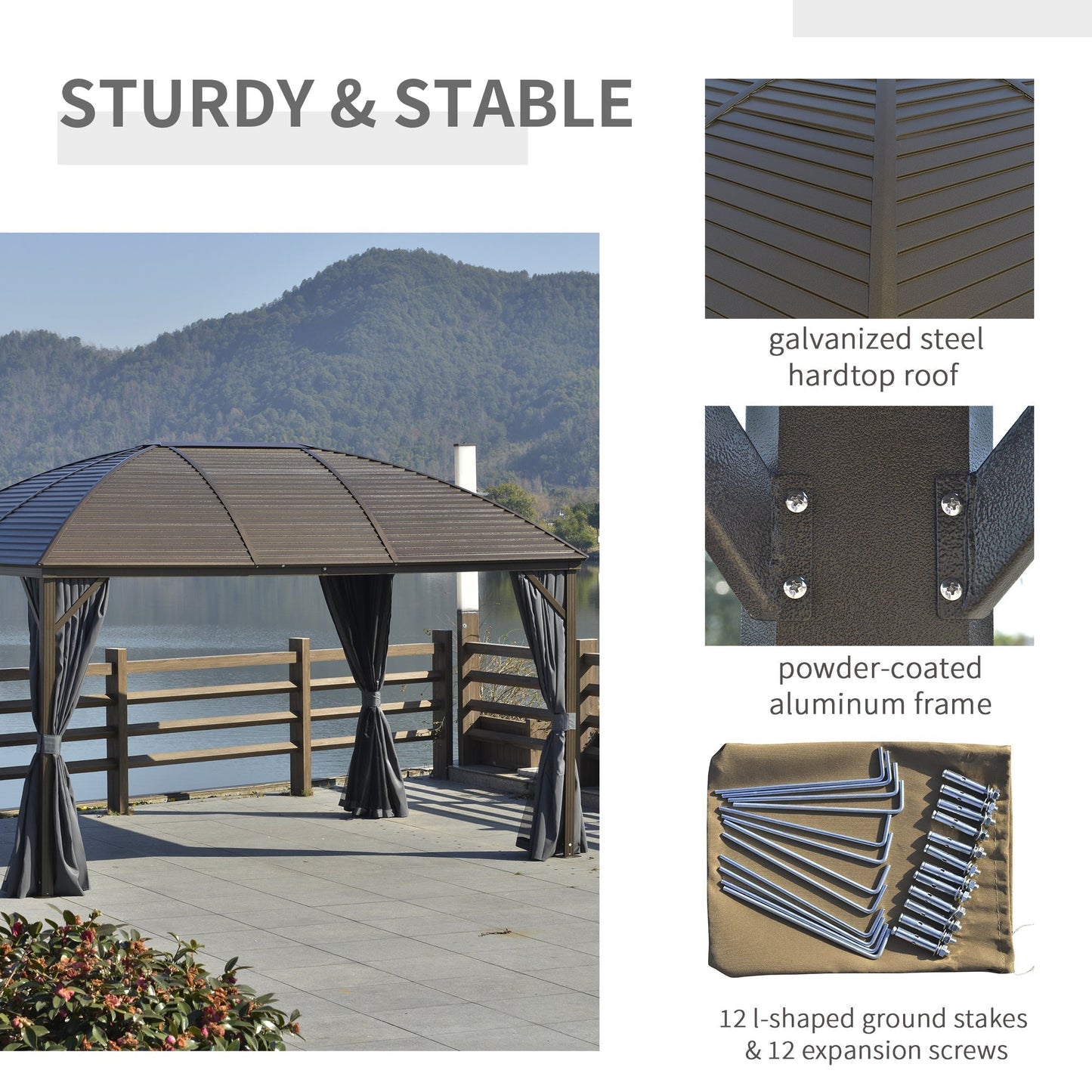 Outsunny 10' x 13' Hardtop Gazebo with Curtains, Netting, Steel Roof, Ceiling Hook, Gray - 84C-097CG