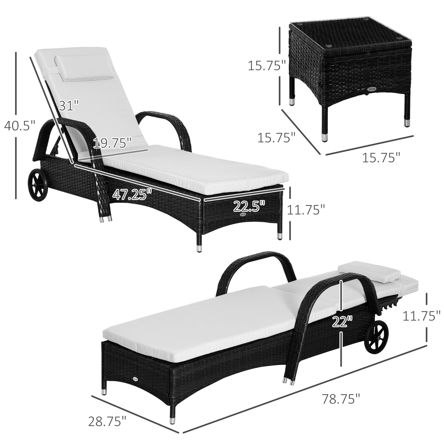 3-Piece Patio Chaise Lounge Chair with Table, 5-Level Adjustable Backrest & Wheels, Black - 862-011BK