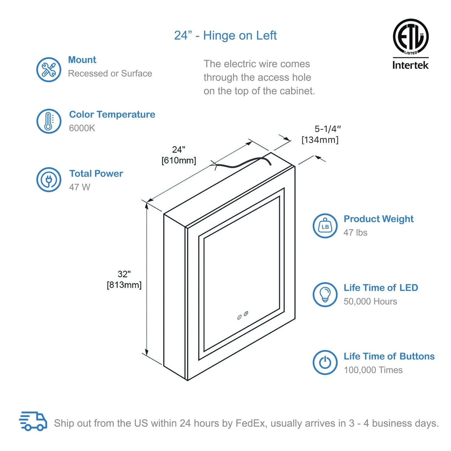 Blossom Vega – 24 Inches LED Medicine Cabinet - MCL4 2432L