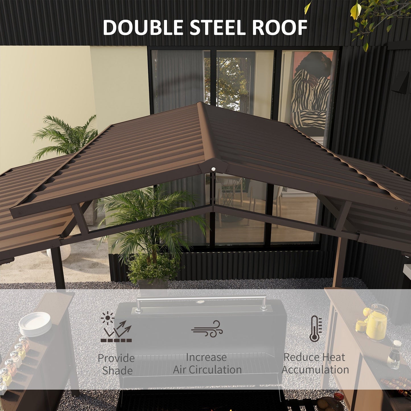 Outsunny 8' x 5' BBQ Grill Gazebo, Double Tiered Roof, Steel Frame, 2 Shelves, Brown - 84C-221V00BN