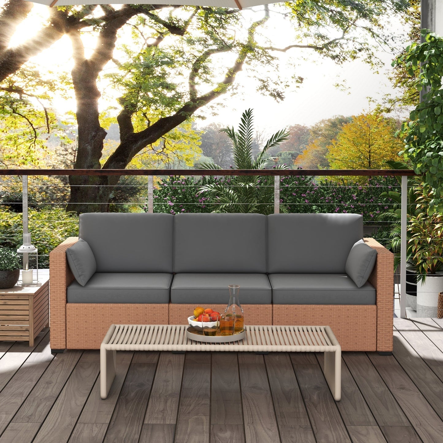 Outsunny 3-Seater PE Wicker Deep Seating Sofa with Removable Cushions, Sand - 860-308V00SD