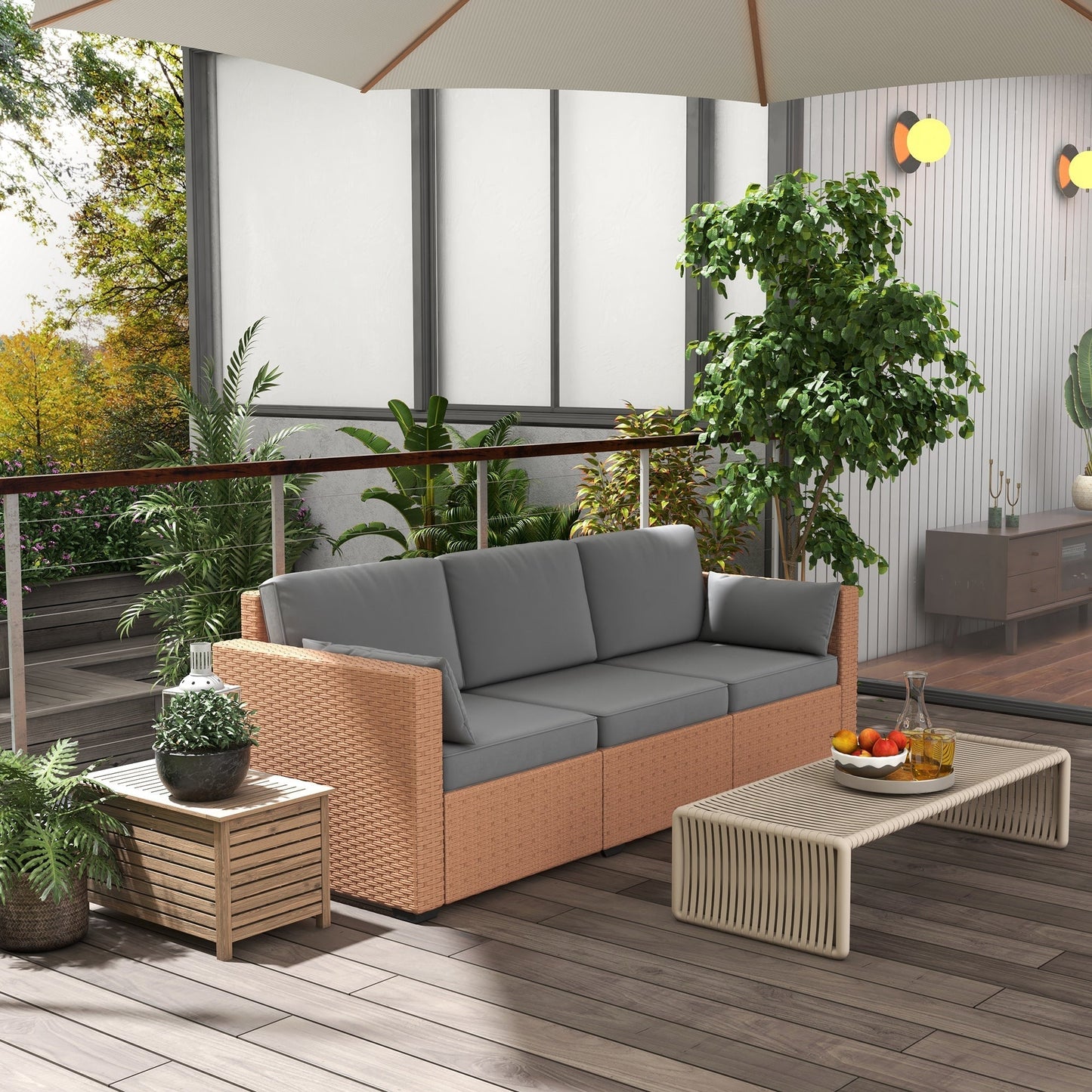 Outsunny 3-Seater PE Wicker Deep Seating Sofa with Removable Cushions, Sand - 860-308V00SD