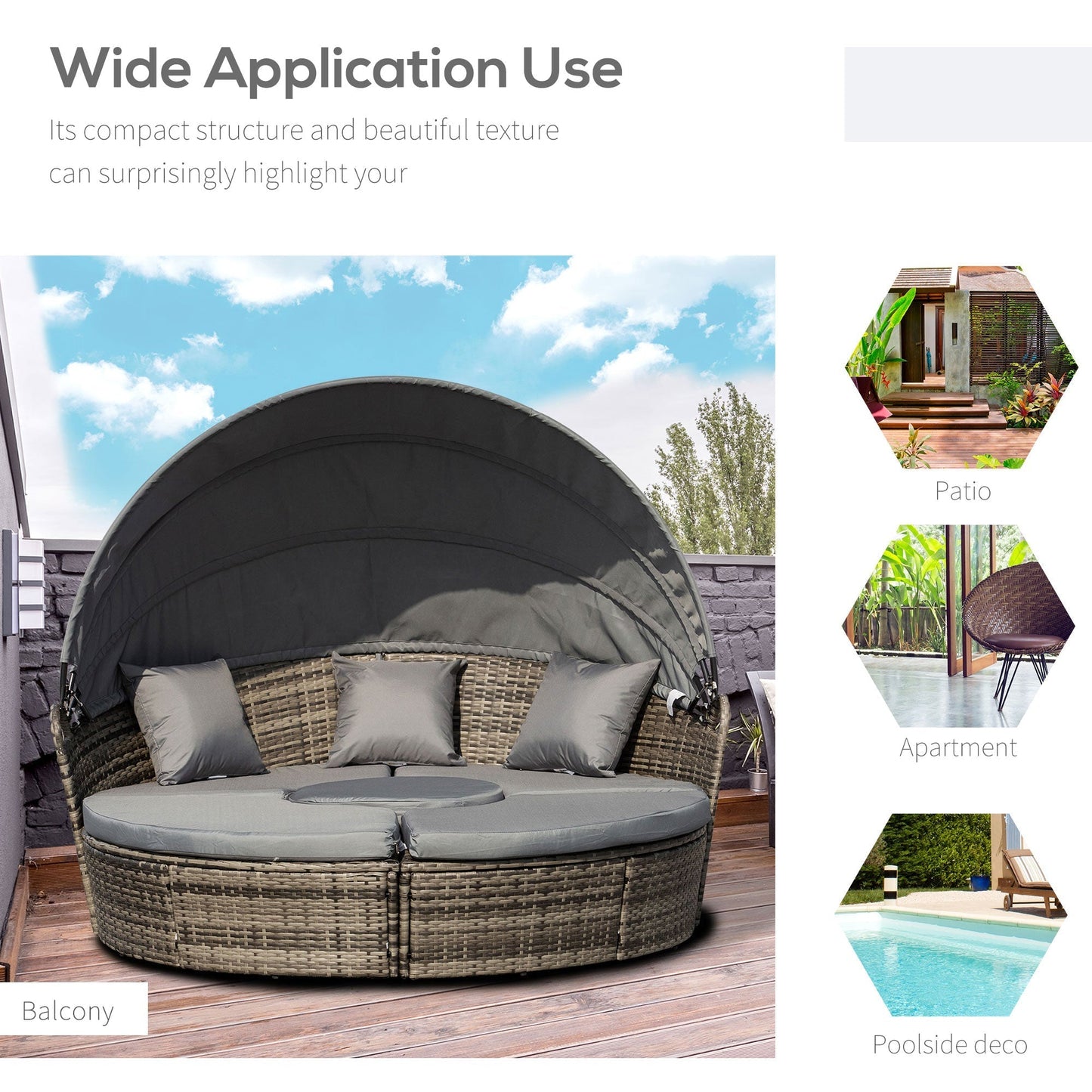 Outsunny 4-Piece Round Convertible Daybed with Adjustable Canopy, Sectional Sofa, 2 Chairs, Table, Dark Gray - 862-021CG
