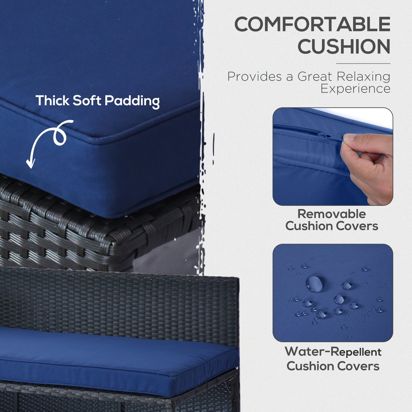 Outsunny 3 Piece Outdoor L-Shaped Rattan Patio Furniture Set with Sofa, Table and Cushions, Blue - 841-121BU